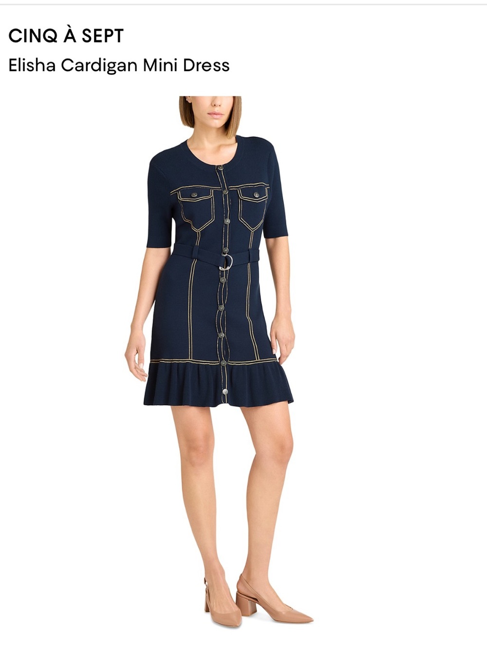 cinq a sept Navy Short-Sleeve Button-Front Mini Dress with Contrast Stitching